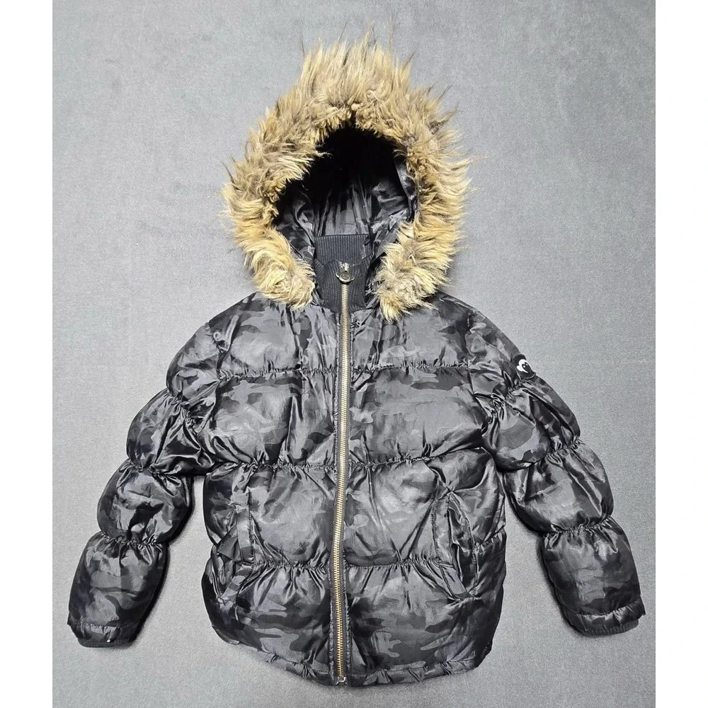 Appaman Girls Black Camo Shiny Fur Trimmed‎ Hooded Zipped Puffer Coat Size 6 EUC